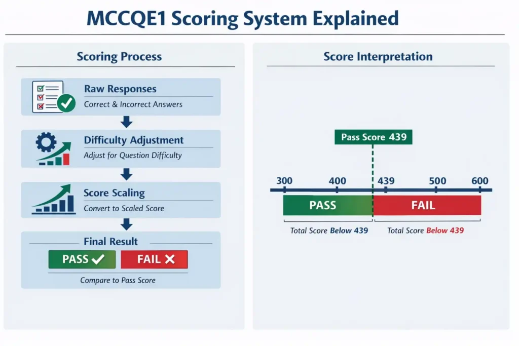 MCCQE Part I Scoring System Explained: How the Exam Is Marked 1 MCCQE Part I score scale showing pass fail threshold